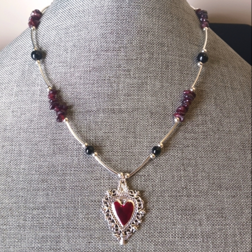 Handmade Sacred Heart Necklace w/ Garnets and Black Agate - New Item (17"-20")